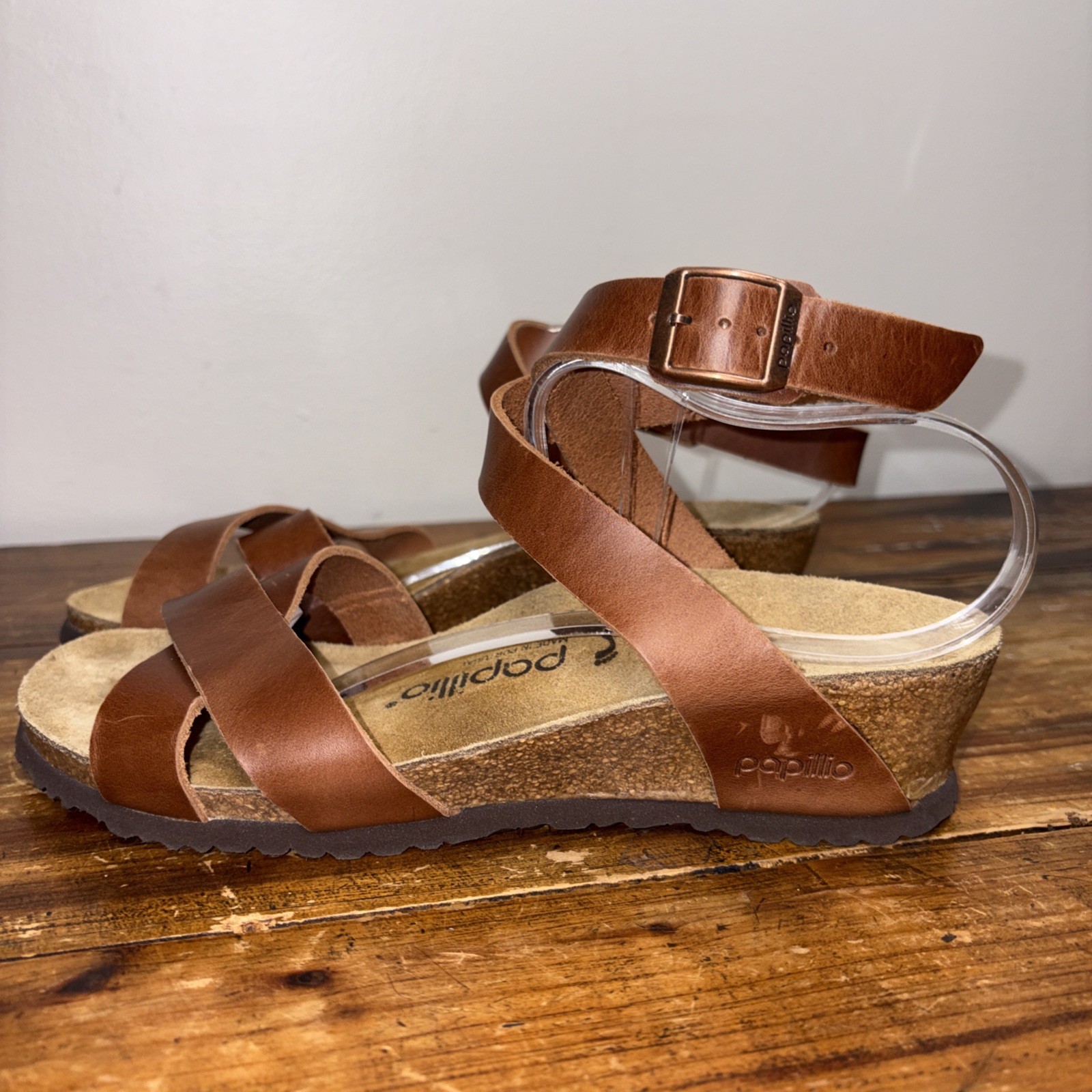 Birkenstock Papillio Lola Sandals Womens 38 7 Brown Leather Wedge comfort cork