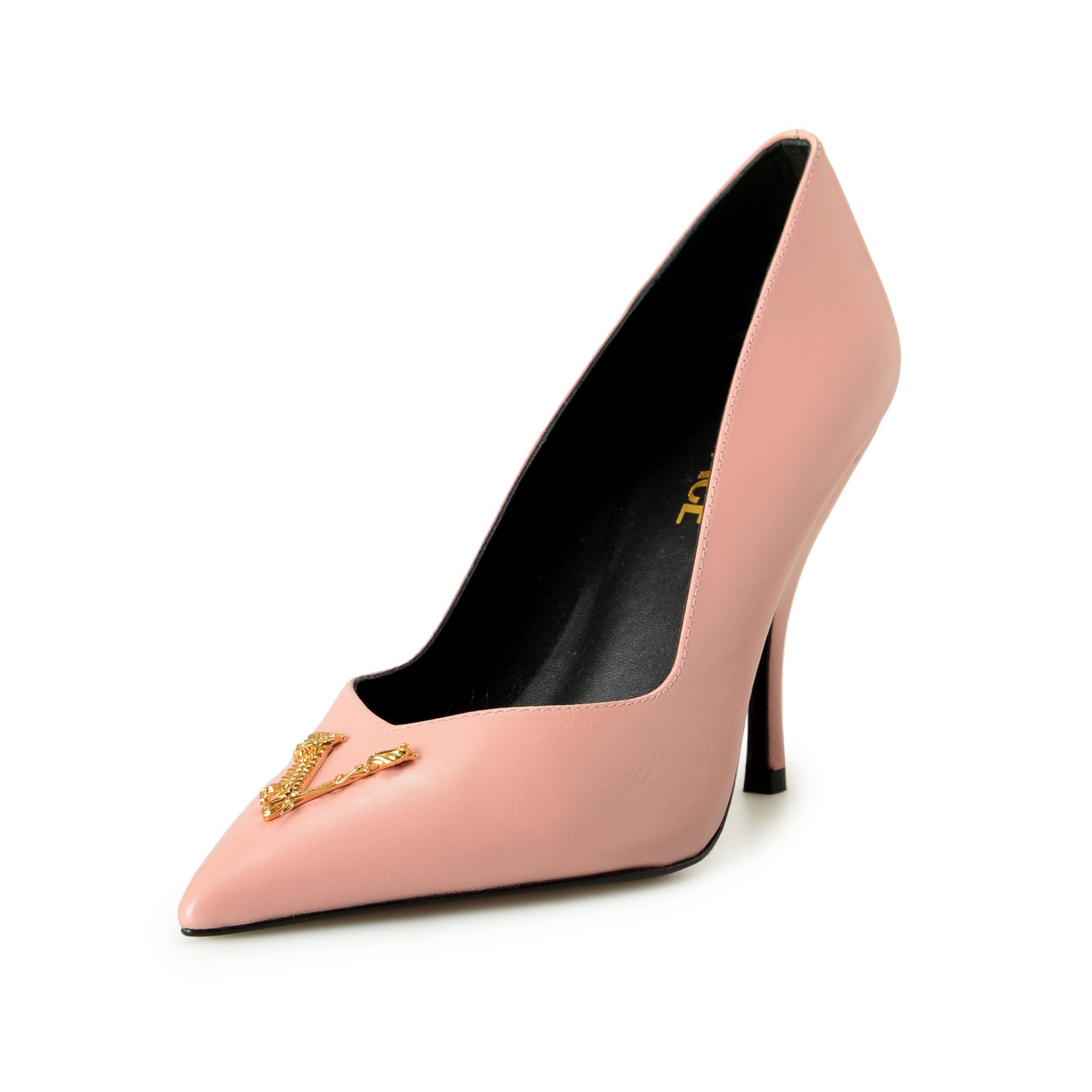 Versace Women’s Gold V-Logo Dark Rose 100% Leather Heeled Pumps Shoes US 6 IT 36