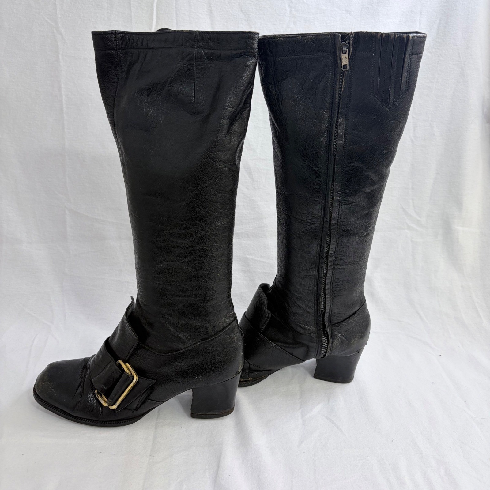 VTG Giusti Russell & Bromley Boots Knee High Buckle Black Leather Made in Italy