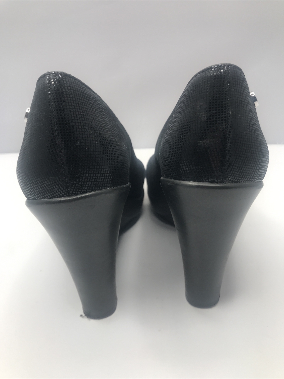 CALVIN KLEIN Women’s Black Roze Mini Square Print Peep Toe Wedge Pumps Size 8.5M