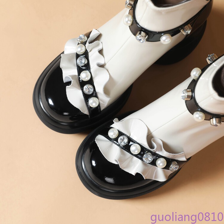 Matching Women’s Leather Ankle Boots Pearl Round Toe Back Zip Block Heel Fashion
