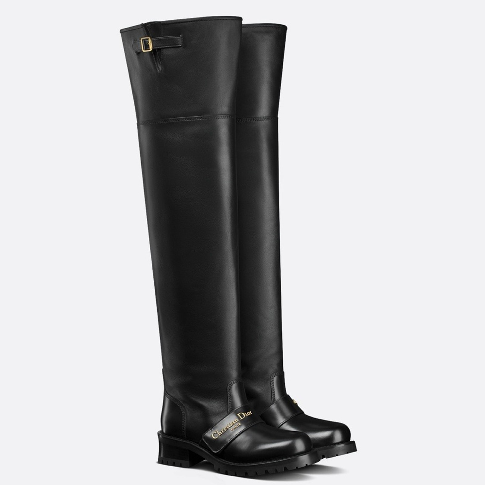 NWT Christian Dior D-Quest Thigh Black Leather Boots, size 37 (US 6-6.5)