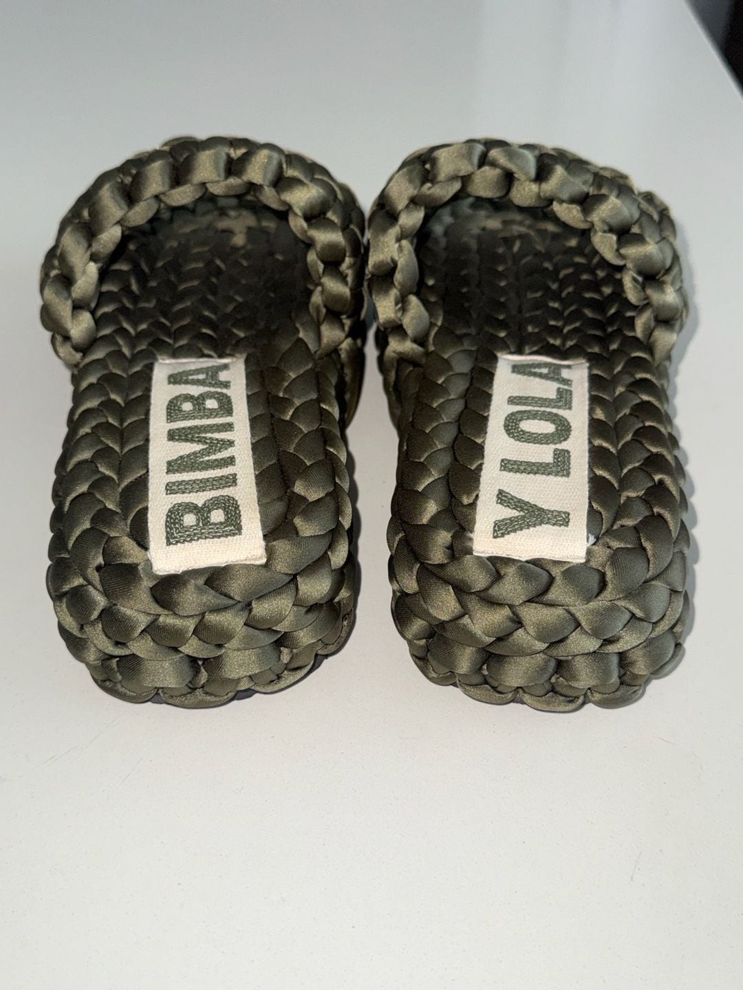 Bimba Y Lola Olive Green Braided Satin Slide Sandals Sz 37 (6.5 – 7 US)
