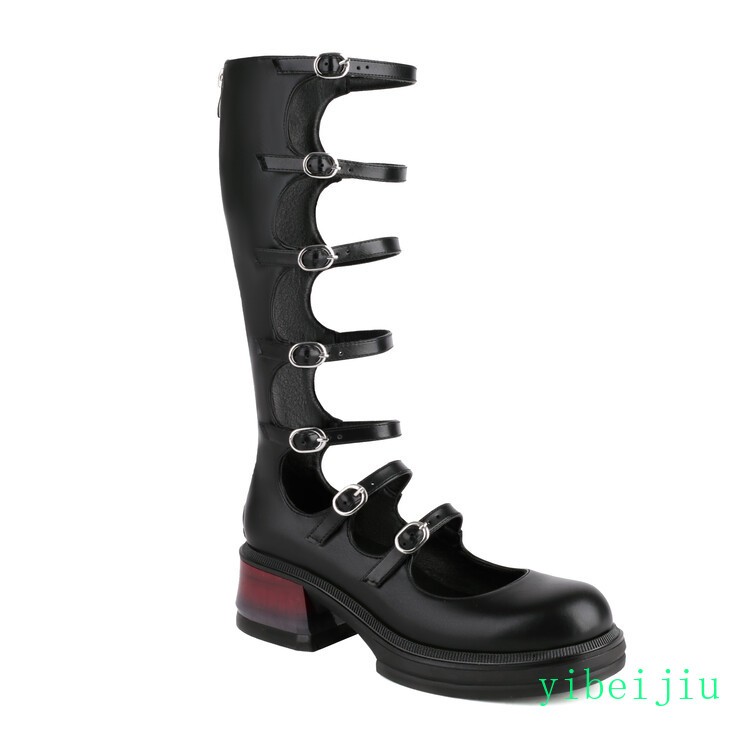 2025 Women’s Platform Low Cuban Heel Multi Buckles Knee High Mary Janes Shoes OL