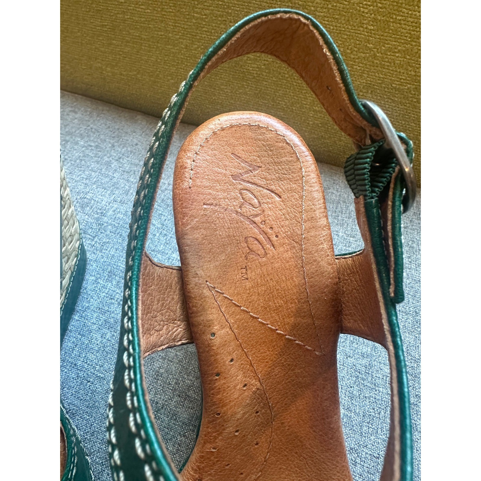 Naya Eternal Green Leather Woven Raffia Wedge Sandals Womens 6M A5277L1300
