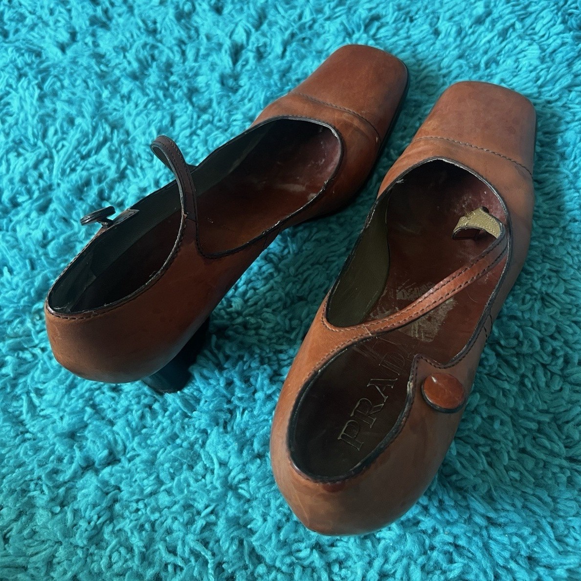PRADA Brown Leather Square Toe Buckle Strap Block Heel Pumps EU 37