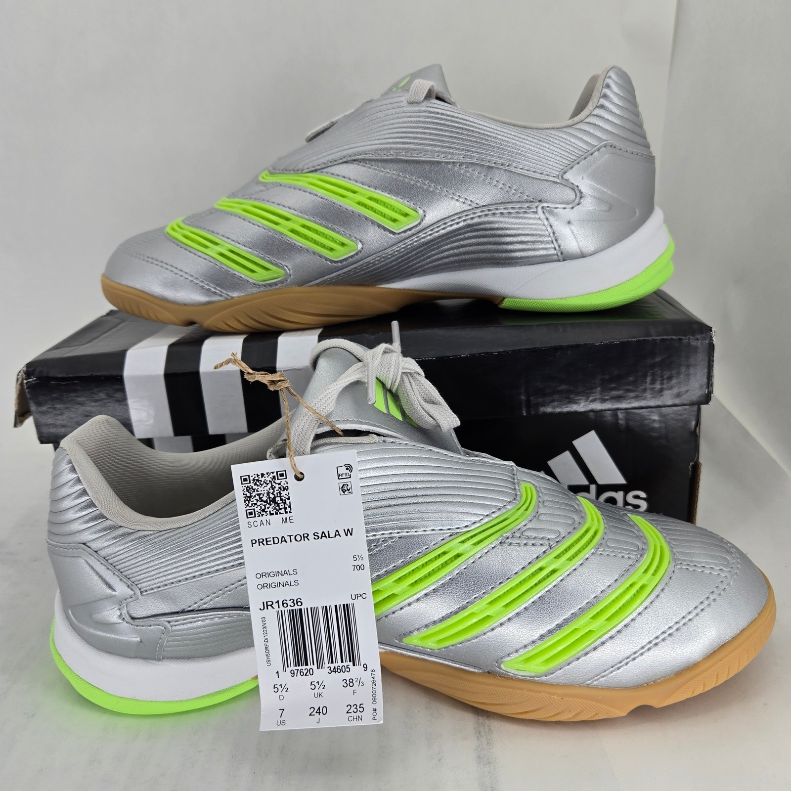 Adidas Predator Sala W Silver Signal Green Indoor Soccer Shoes JR1636 Womens 7