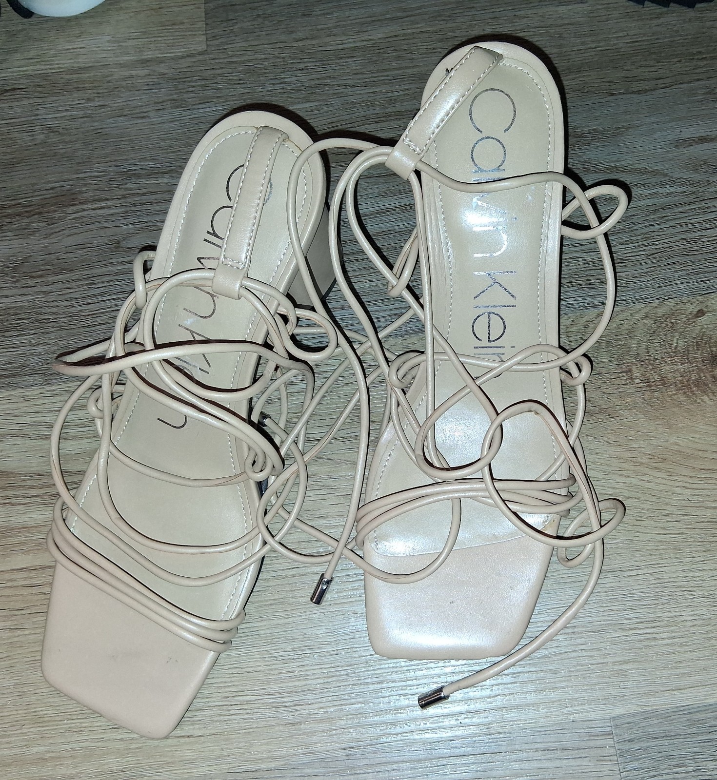 Calvin Klein Womens Beige Strappy Lace-Up Block Heel Square Toe Sandals 9M