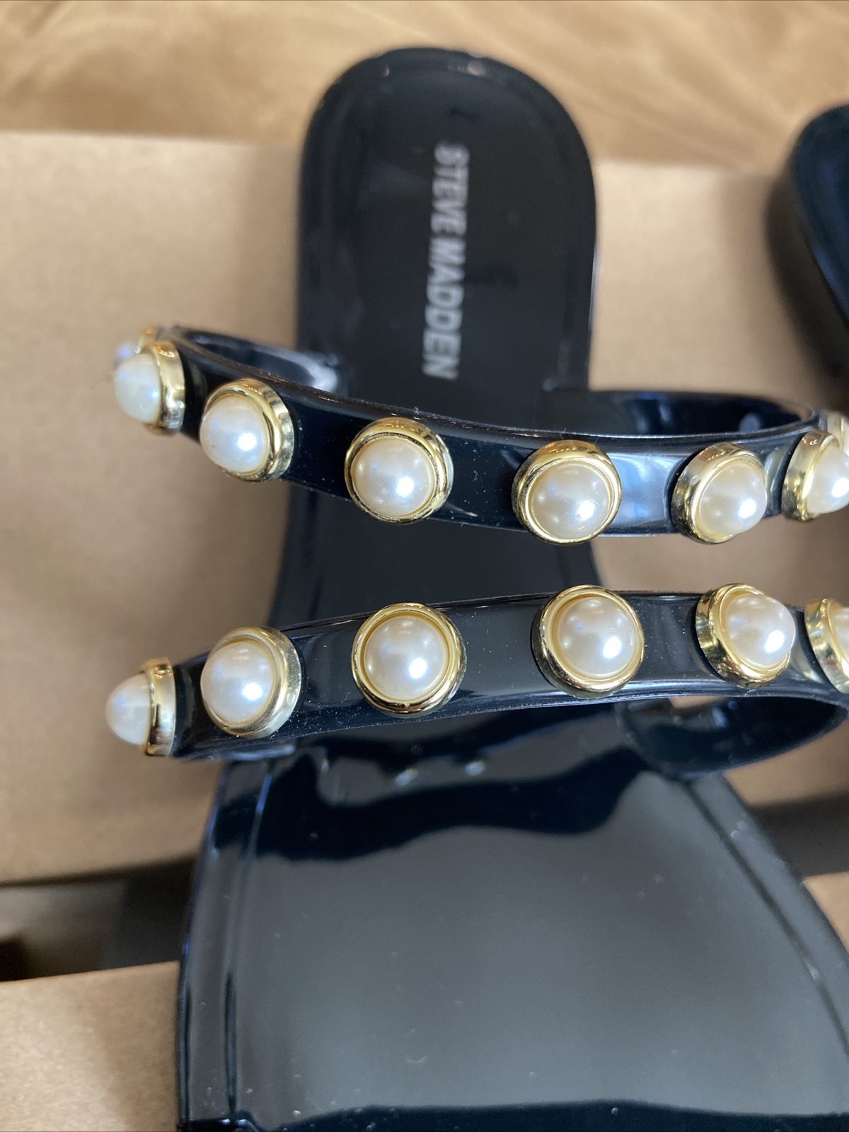Steve Madden Studded Pearl Embellishment Flat Sandals, Yalsa Black Size 7