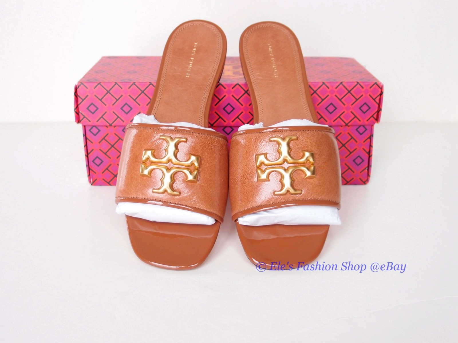NIB Tory Burch Eleanor Leather Slides Bourbon Brown Tan US 8 8.5 9 AUTHENTC