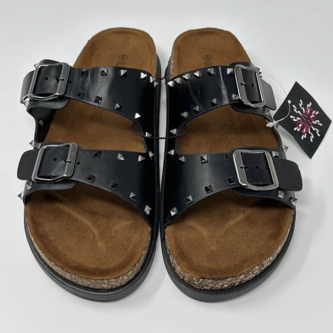 Olivia Miller Studded Sandals Womens 9 Black Strappy Buckle Flats Festival NWT