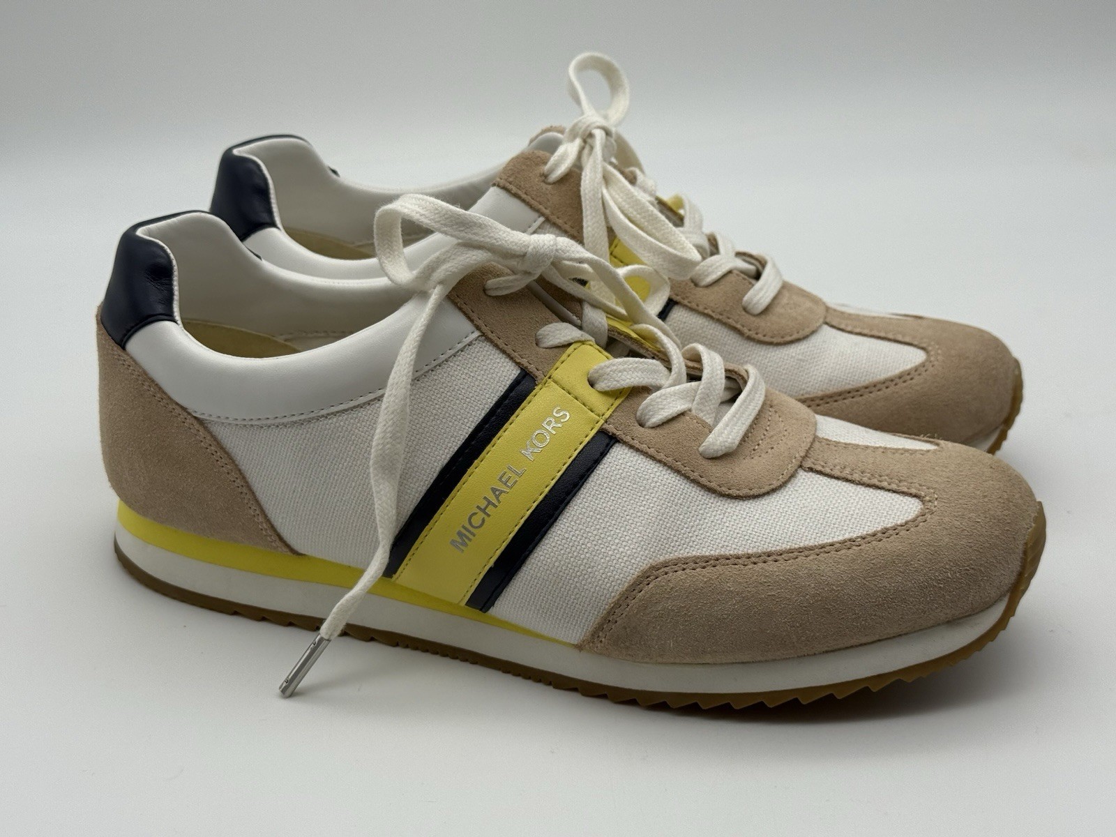 Michael Kors Textile Leather Shoes Sneakers White Beige Yellow Stripe Size 9.5M