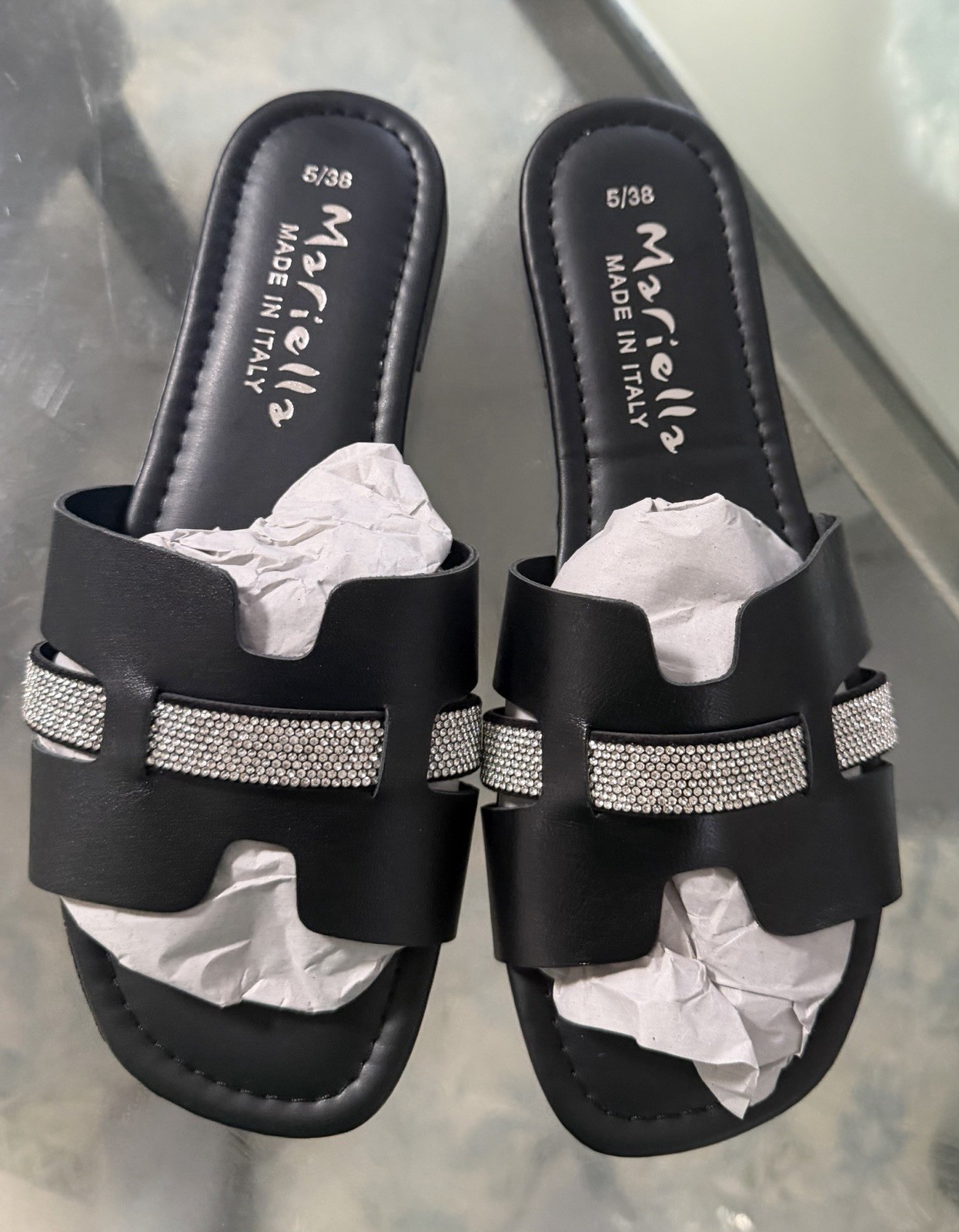 Mariella Women’s Black/Silver Slide Sandals Rhinestone Accent EU 38