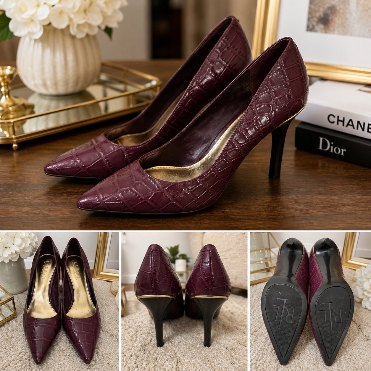 Lauren Ralph Lauren Burgundy Croc Embossed Pointed Toe Heels Pumps Size 6B