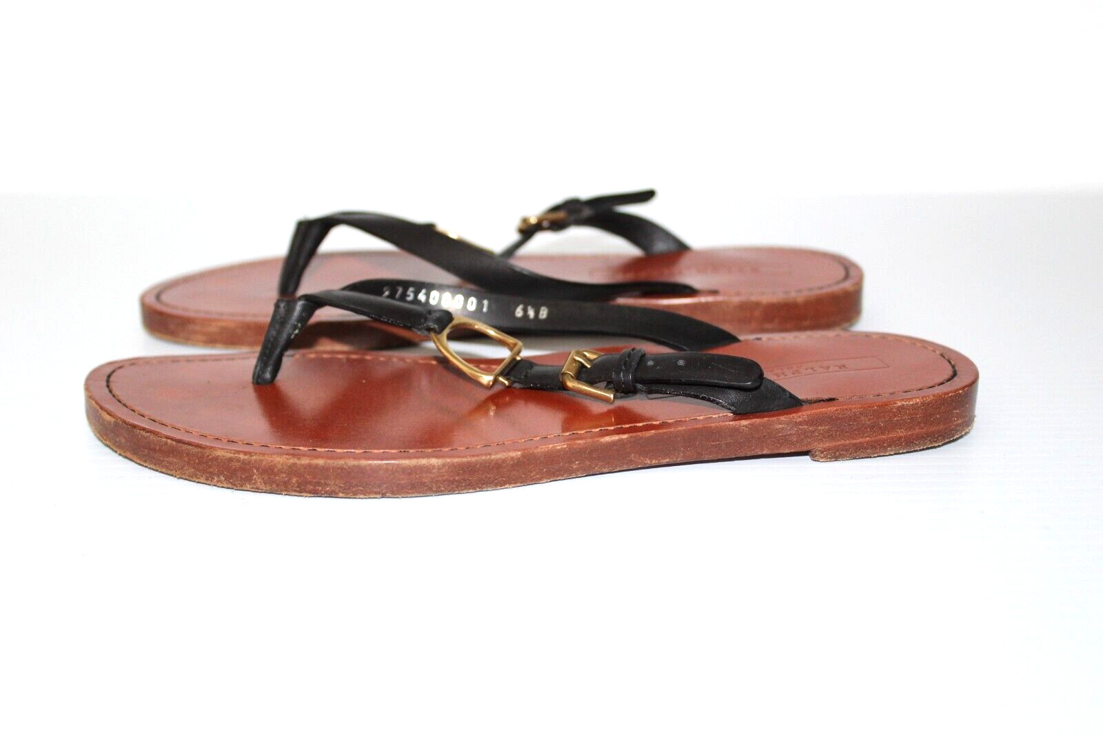 Ralph Lauren Collection Black Leather Thong Sandals Gold Stirrup Size 6.5B