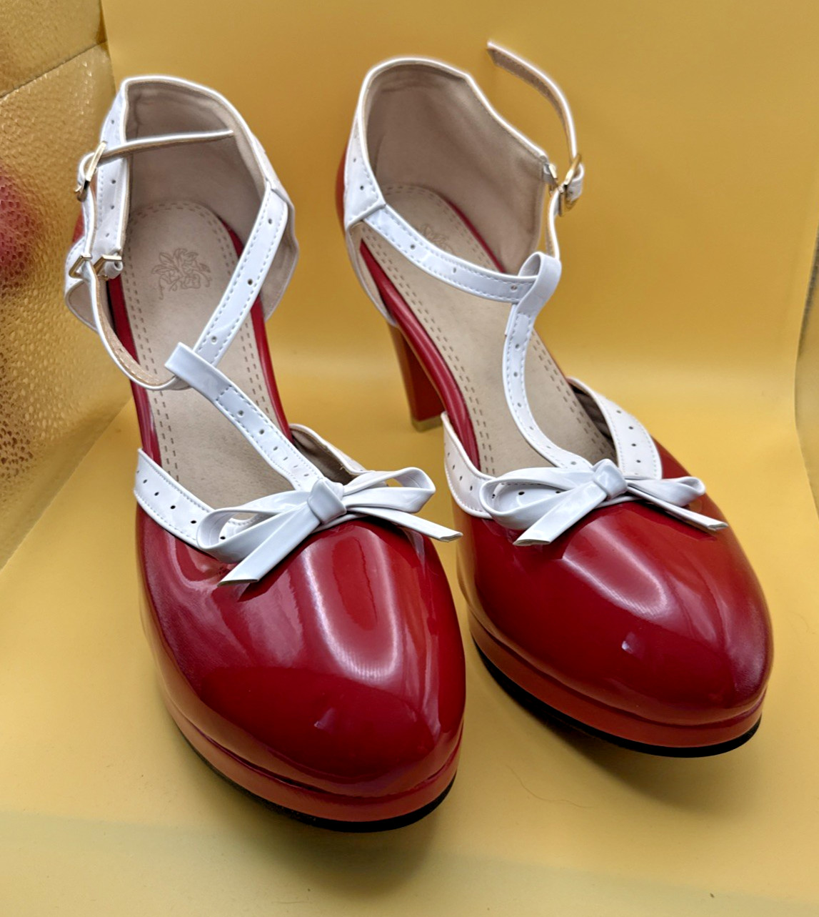 ForeMode Fashion T-Strap Bow Platform Round Toe High Heels Red/White sz 12.5