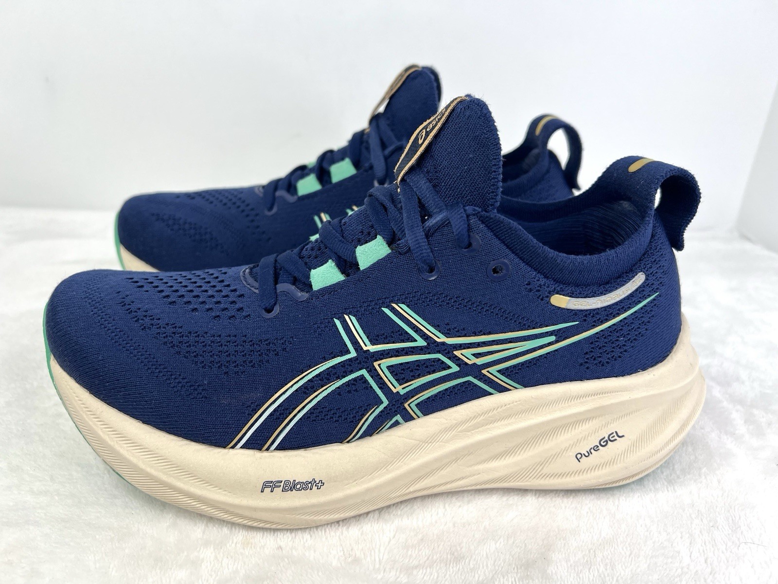 ASICS GEL-Nimbus 26 Womens 6 Running Shoe Blue Expanse Aurora Green 1012B601-400