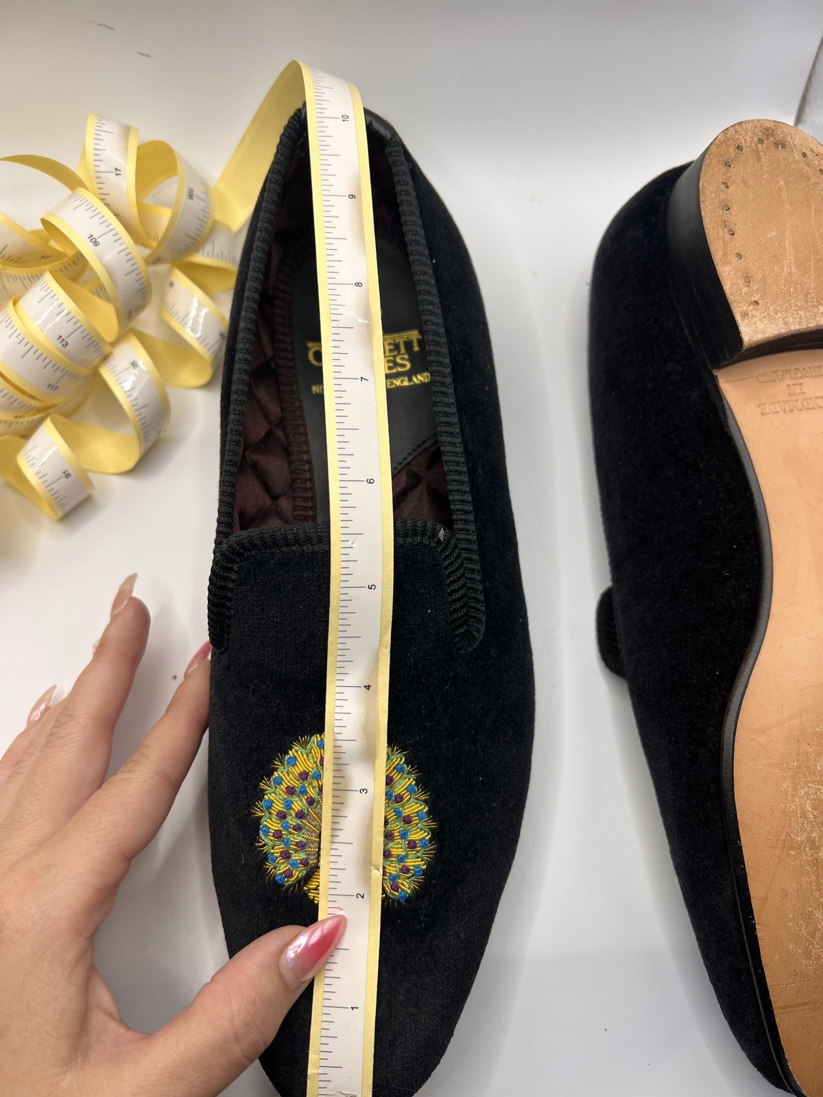 Crockett & Jones Black Embroidery Peacock Velvet Albert Slippers Women Sz 5.5/6