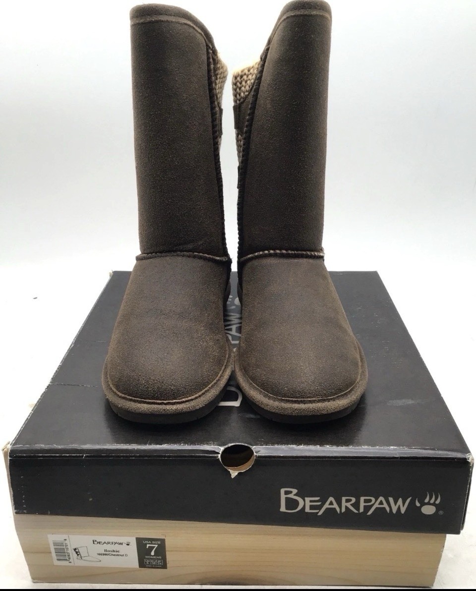 BEARPAW Emma Women’s Brown Suede Shearling Lined Mid-Calf Pull-On Boots 7