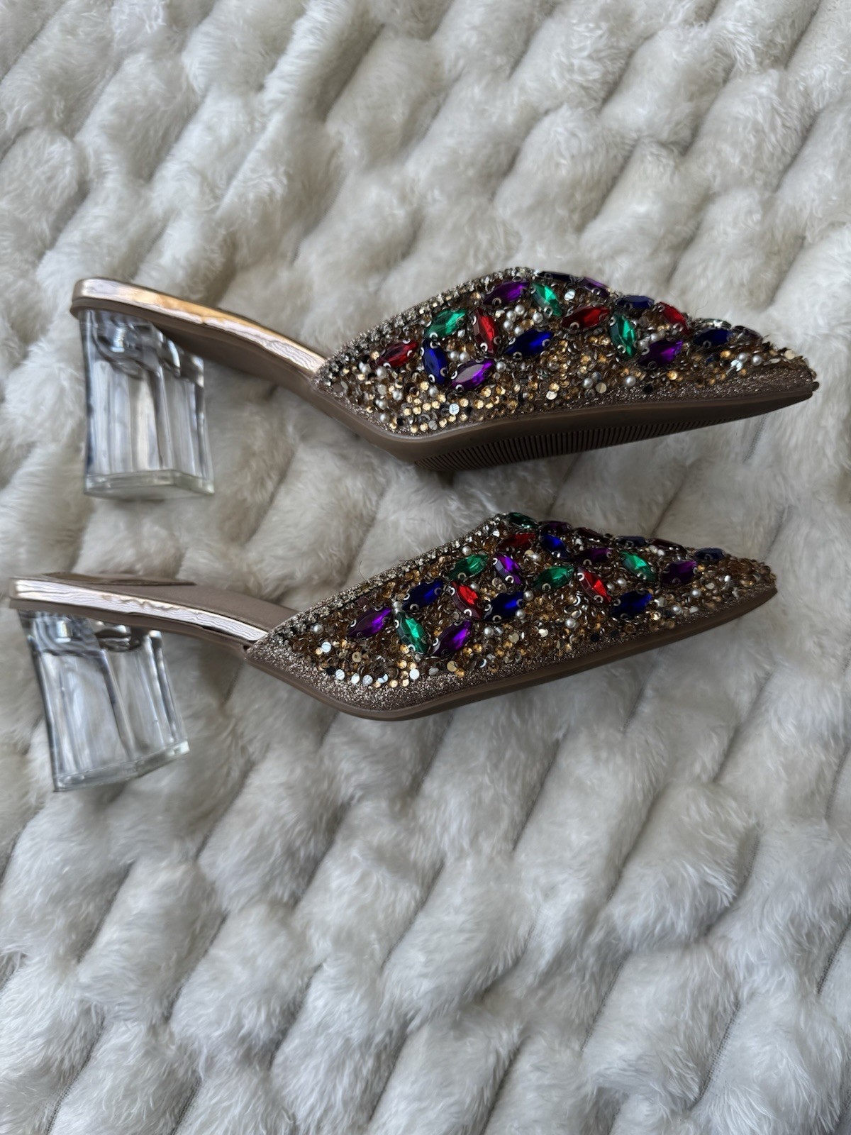 SHEIN Multicolor Rhinestone Beaded Block Heel Pointed Toe Slip On Comfort Mule