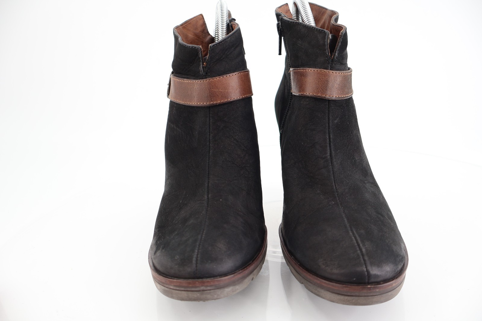 Paul Green Women’s Boot Size 9 Block Heel Black Nubuck Bootie Brown Strap