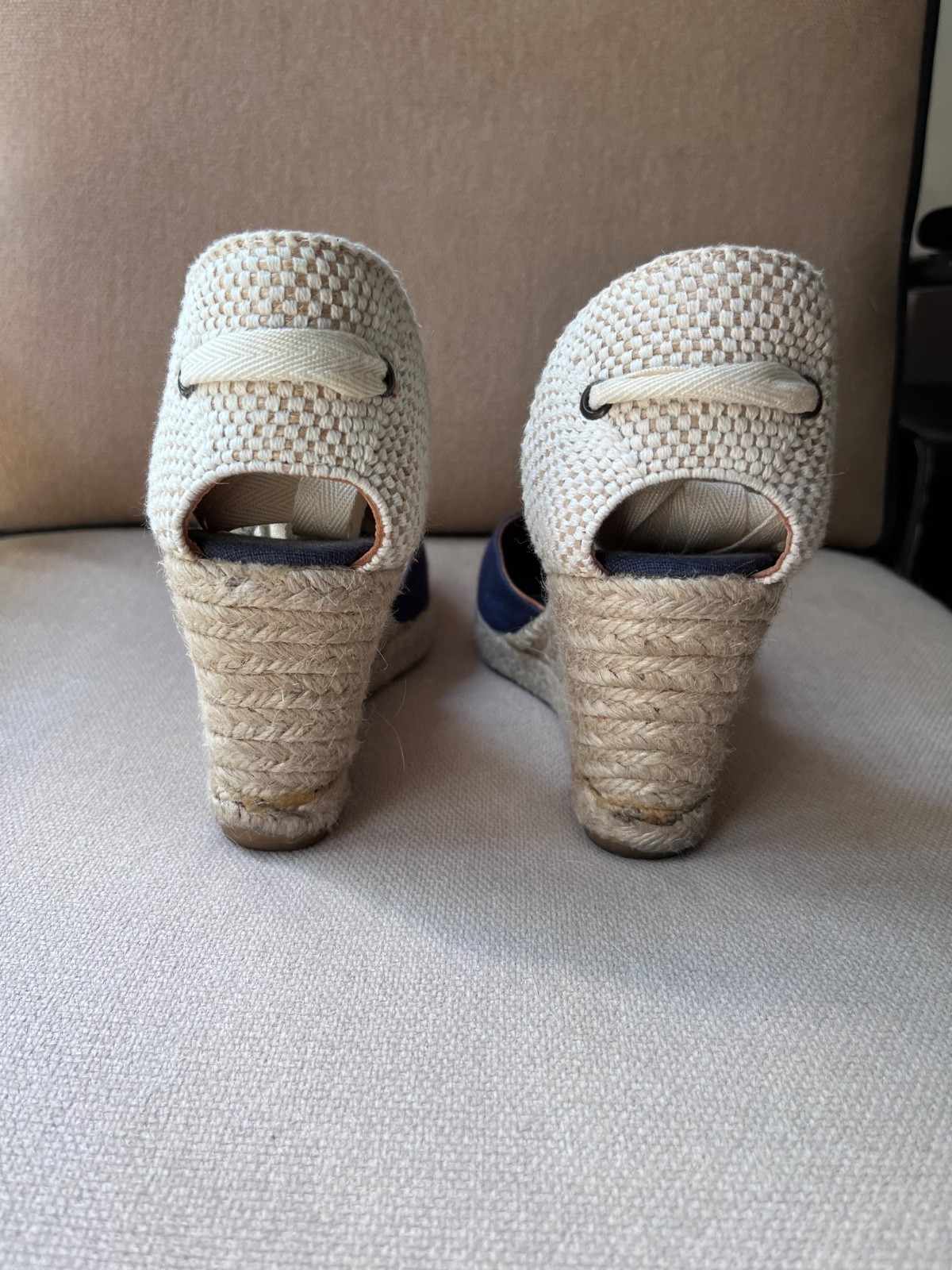 Soludos Marseille Wedge Espadrille Sandals NAVY Linen & with Ankle Tie ~ Size 7