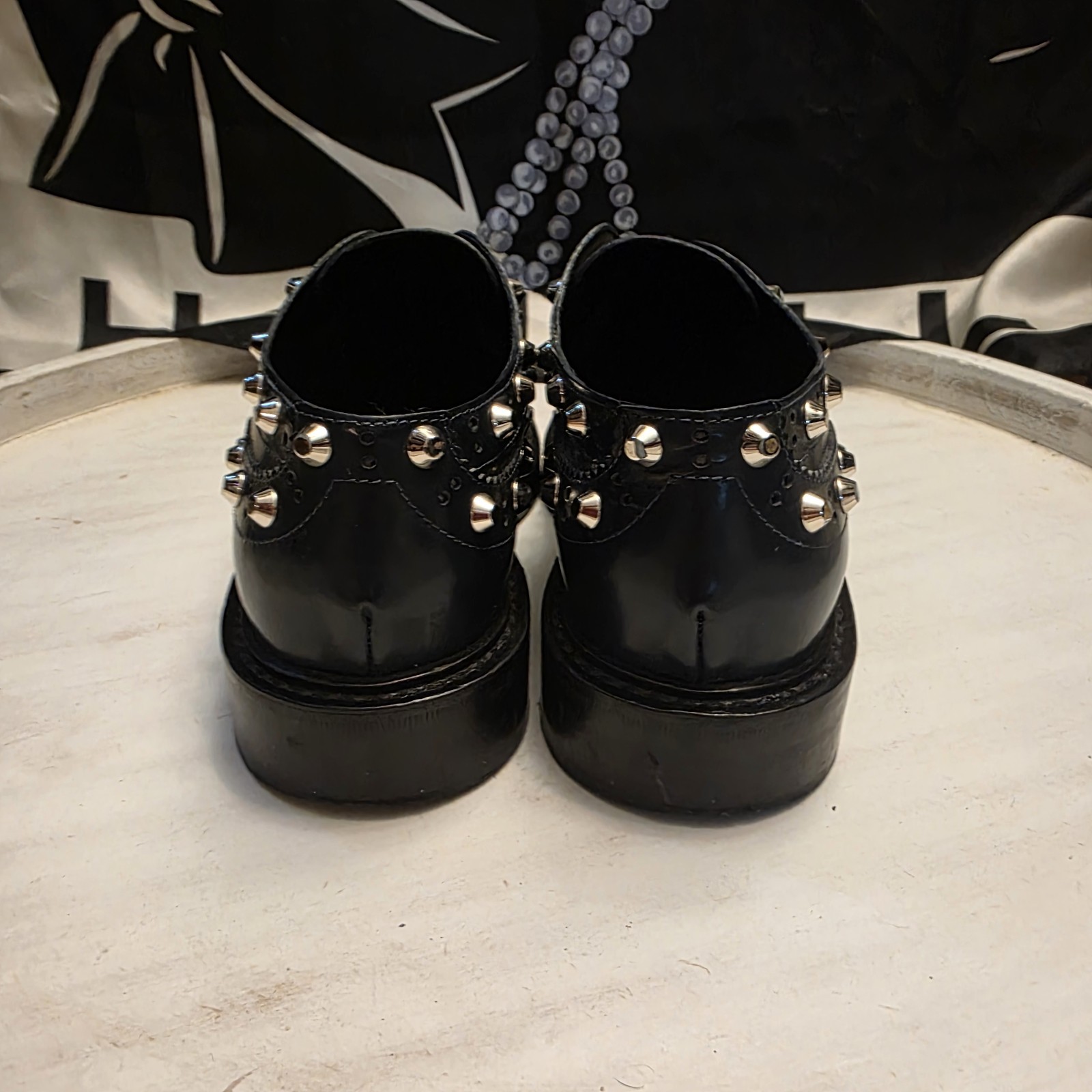 Balenciaga Women’s Black Leather Studded Slip On Loafers. Size 38