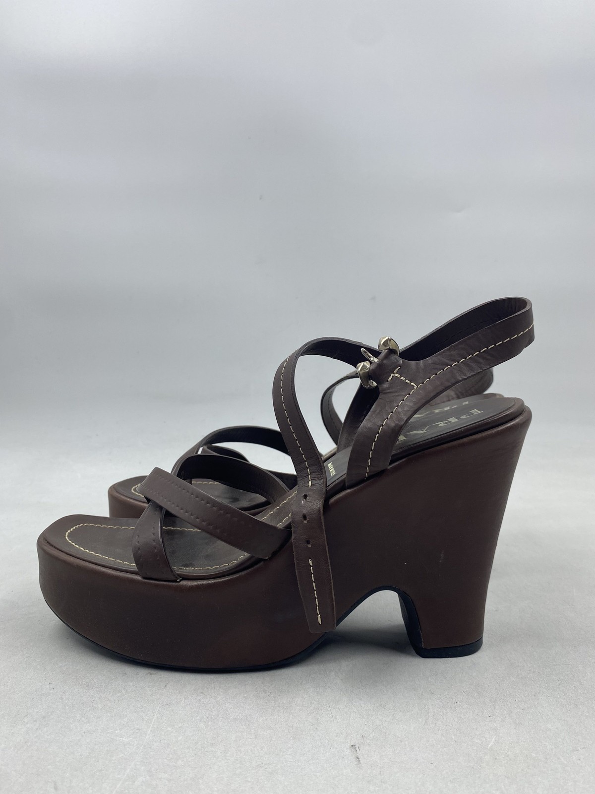 Prada Brown Leather Calfskin Wedge Sandals W 8.5