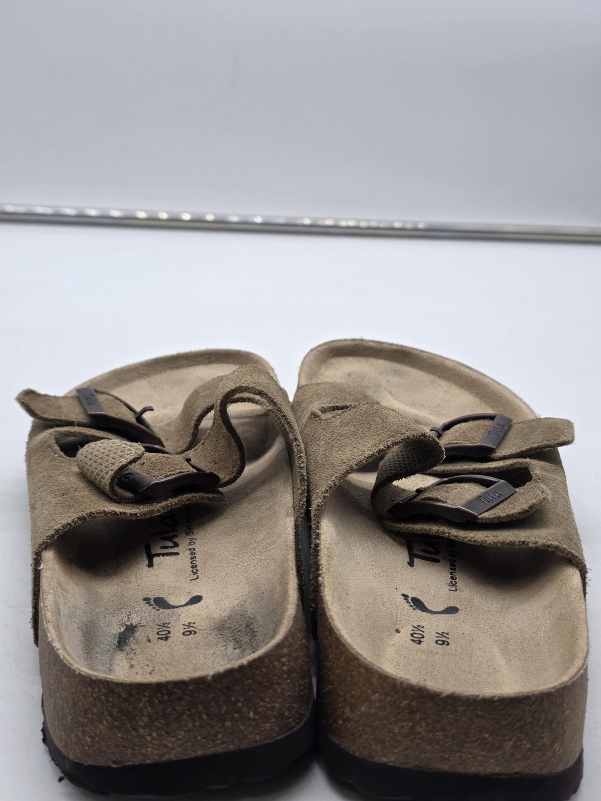 Tula Sandals Womens Size 9.5 40.5 Brown Suede Cork Slide Buckle Stains Shoes