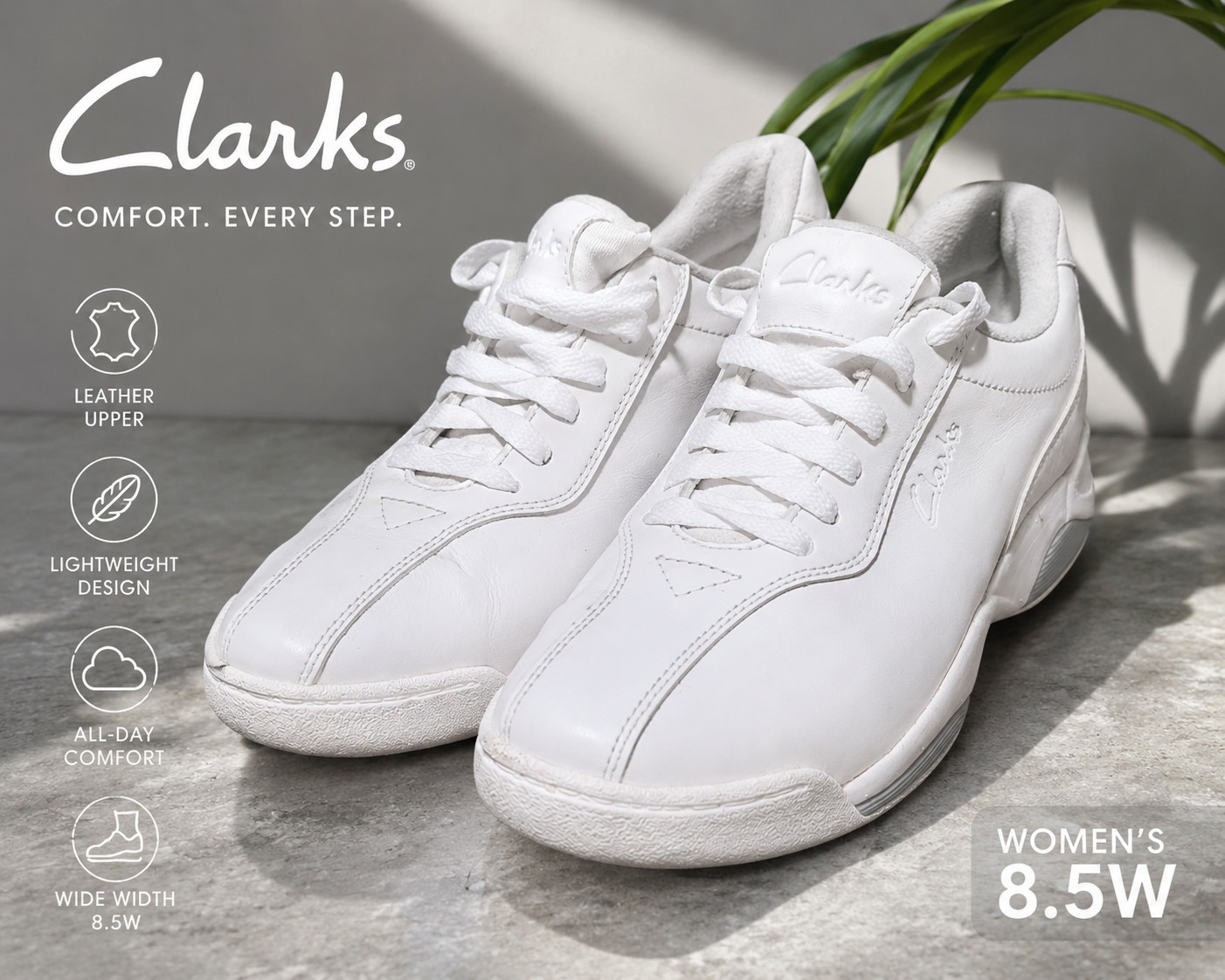 Clarks Womens White Leather Walking Sneakers Comfort Shoes Size 8.5 Wide