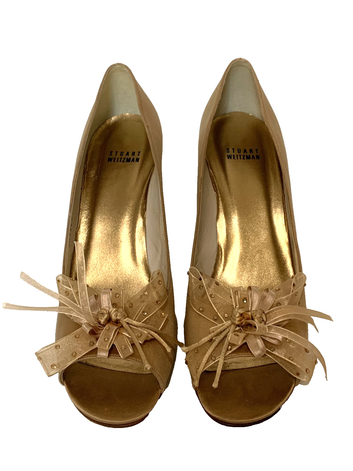 Stuart Weitzman Open Toe Gold Satin Pump With Bow and Rhinestones Size 9.5