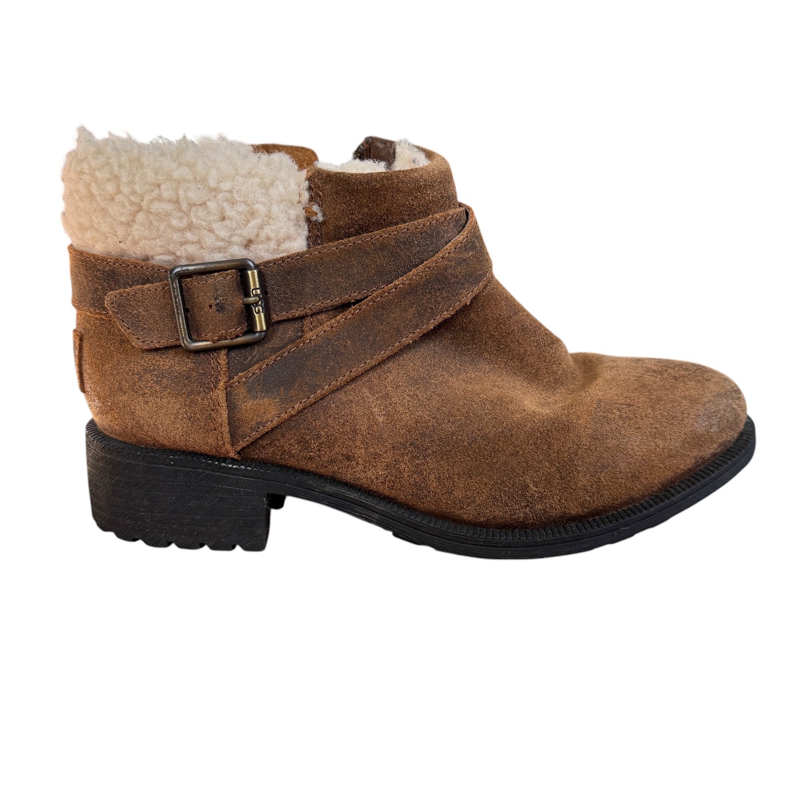 UGG Benson II waterproof ankle boot in brown leather buckle strap curly wool 6.5