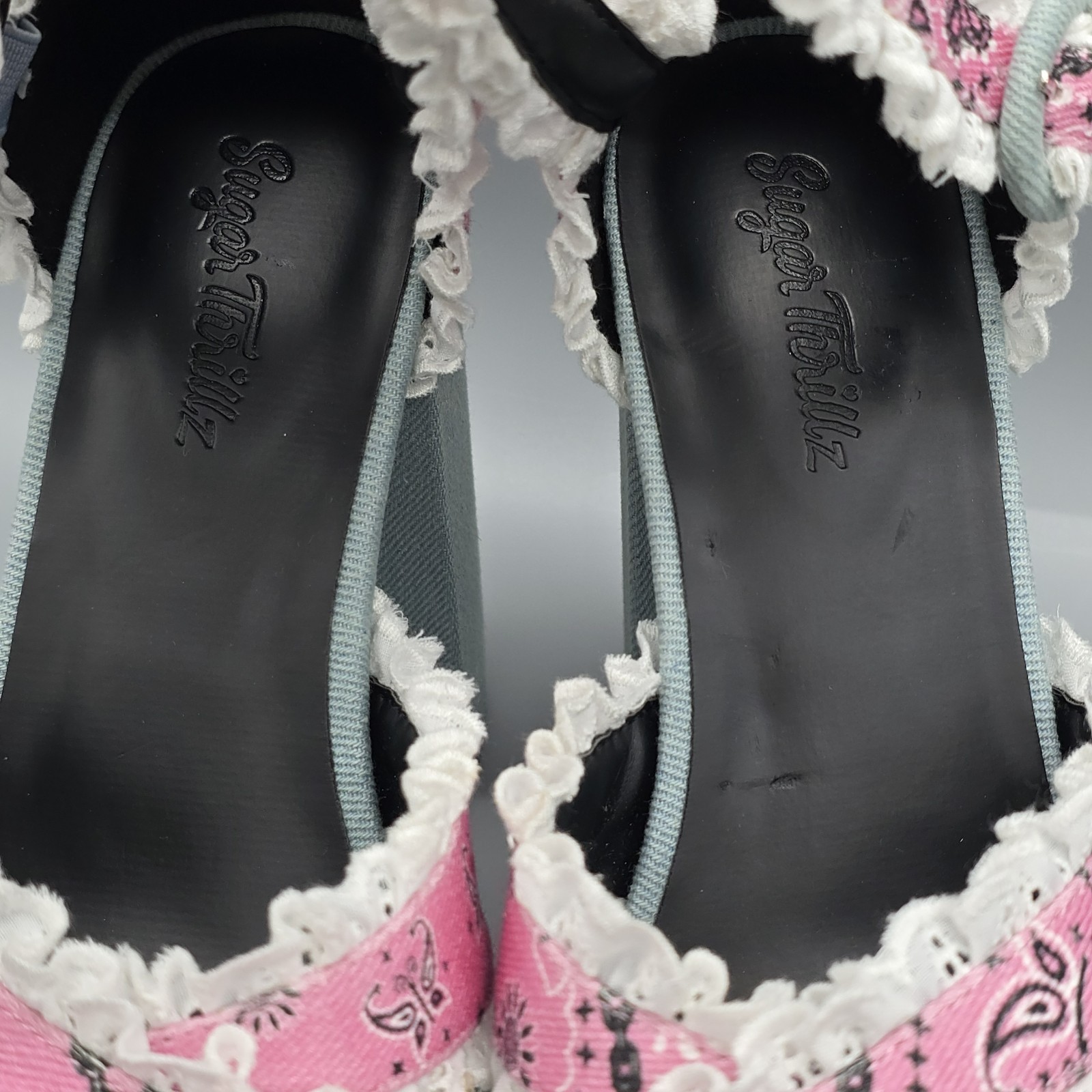 Dolls Kill Denim Pink Bandana Eyelet Platform Heels by Sugar Thrillz Size 9 M