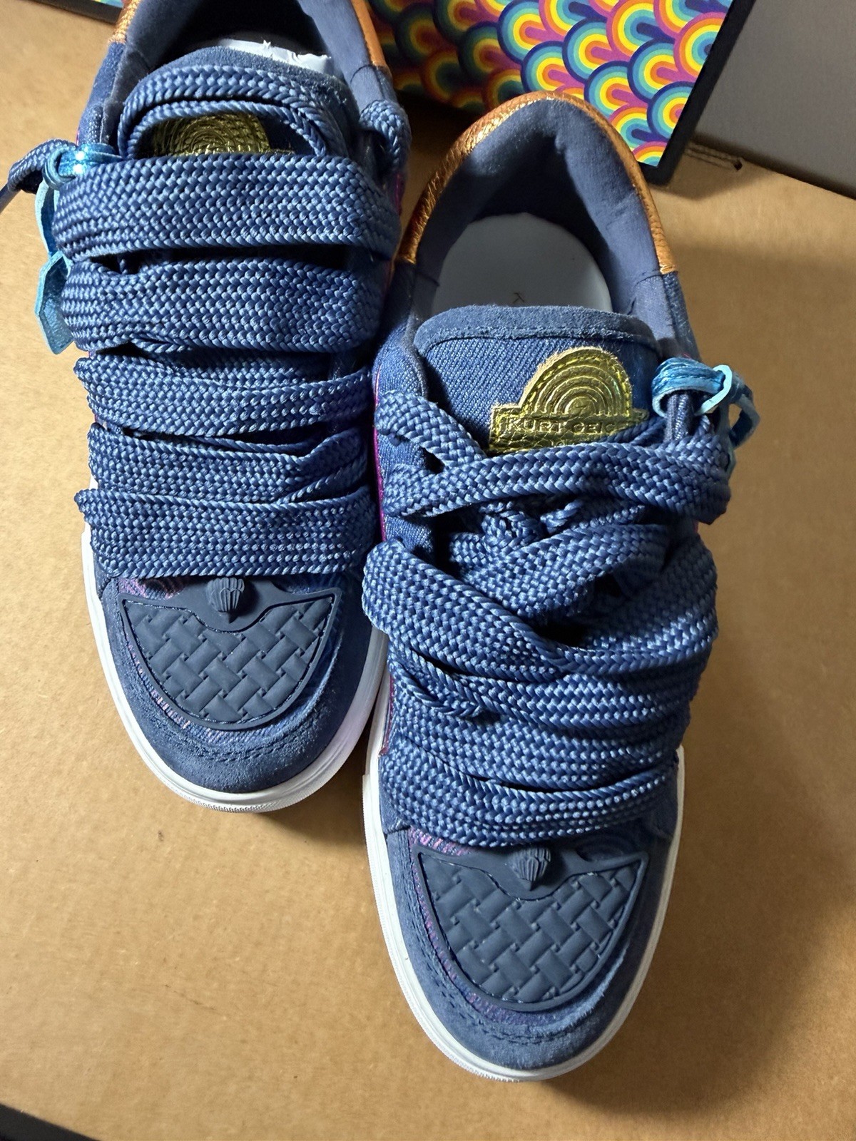 Kurt Geiger London Women’s Blue Low Top Lace Up Sneakers Gold Heel New w/ Box