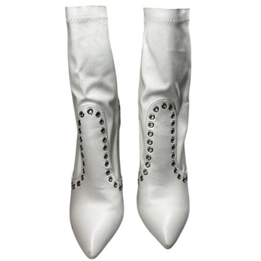 WILD DIVA Pointed Toe Studded Sock Boots Block 4″ Heel White Womens 8.5 Festival
