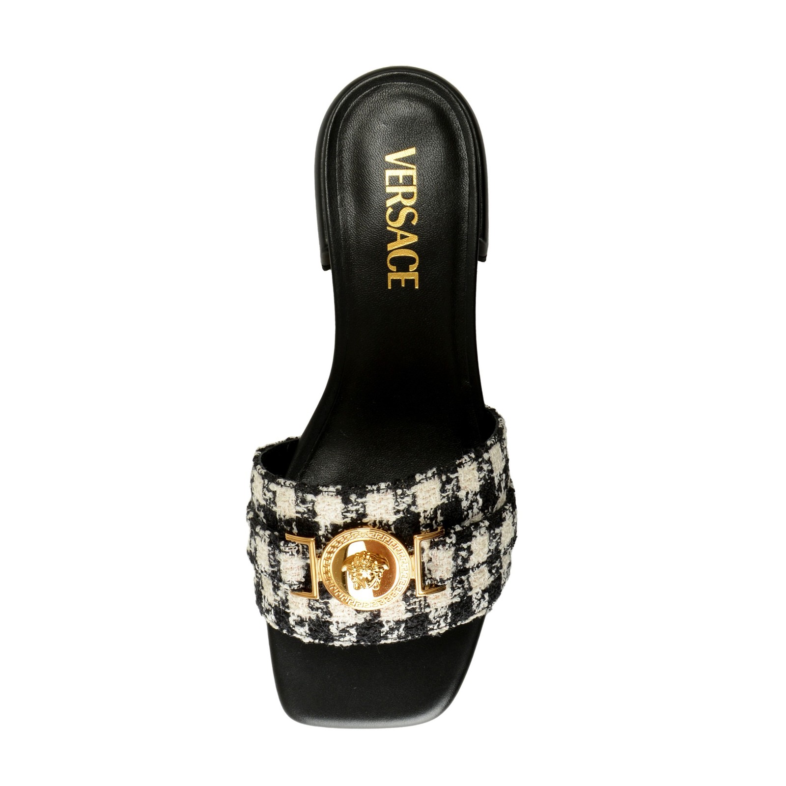 Versace Women’s Black & White Gold Medusa Plaid Sandals Mules Shoes US 6 IT 36