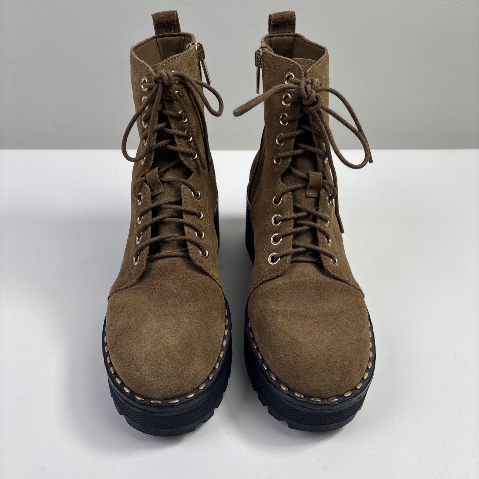 Vince Camuto Mecale Studded Combat Hiking Boot Suede Tan 7.5 M