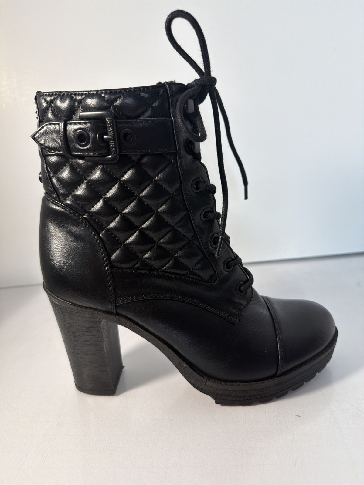 G By GUESS Black Quilted Booties Boots Heels Biker Grunge Gothic Moto Buckle 6.5