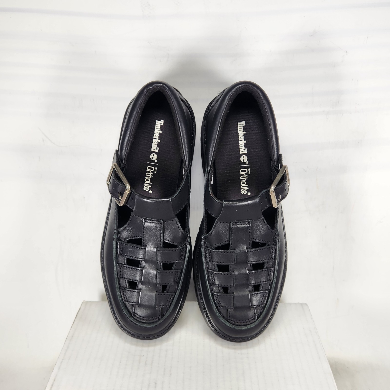 7 WOMEN – Timberland Stone Street Platform Buckle – Black LEATHER Woven