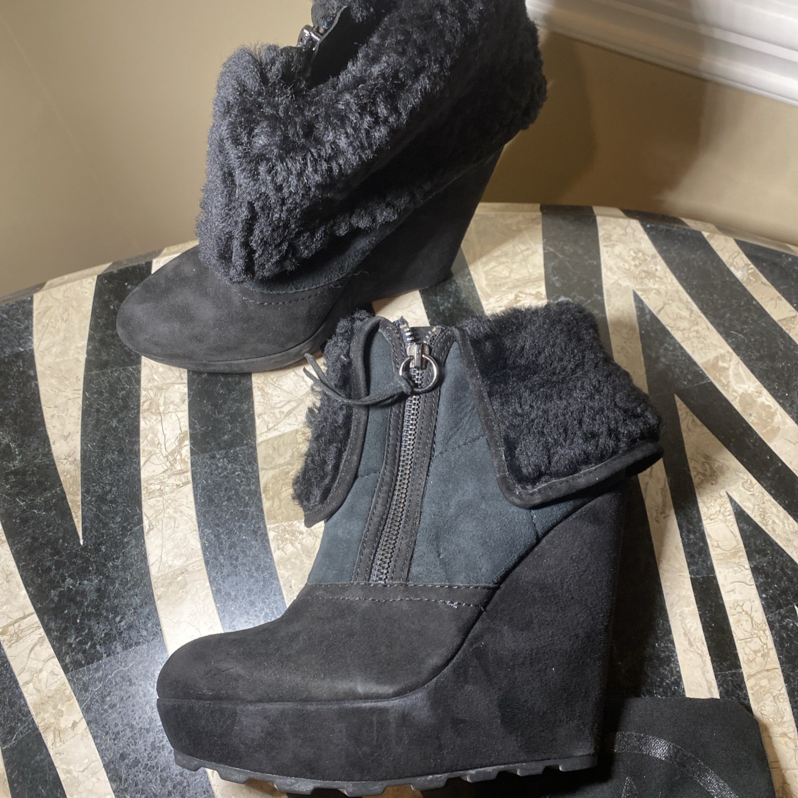 Ash Shearling Suede Wedge Lace-Boots Size 37 7 Y2K Vintage Boho Bohemian New