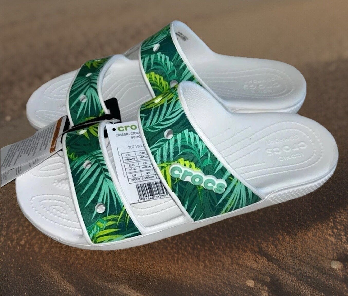 NWT Crocs M11 W13 Green Palm Leaves Two Strap Sandals Slides