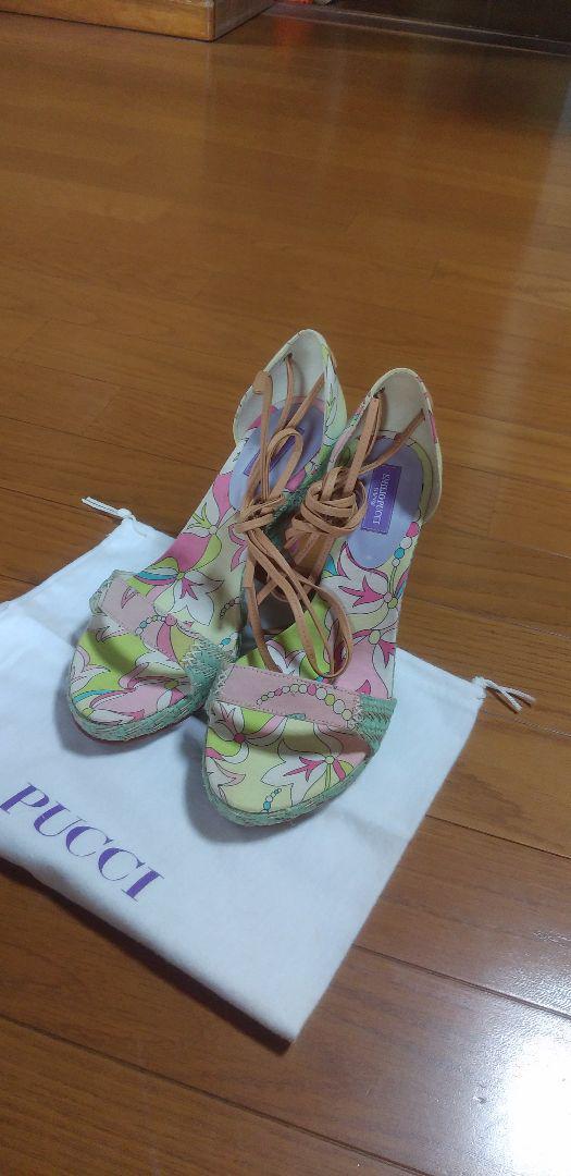 Emilio Pucci Wedge Sandals Size 37 Green Multicolor Unused w/Box Dustbag
