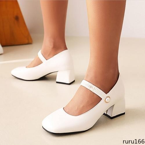 Women Square Toe Mary Jane Pumps Elastic Ankle Strap Block Casual Dress Shoes