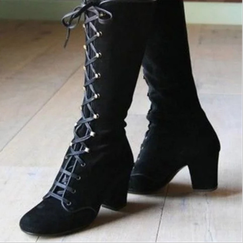 Retro Block Heels Womens Knee High Boots Steampunk Gothic Shoes Lace Up Booties