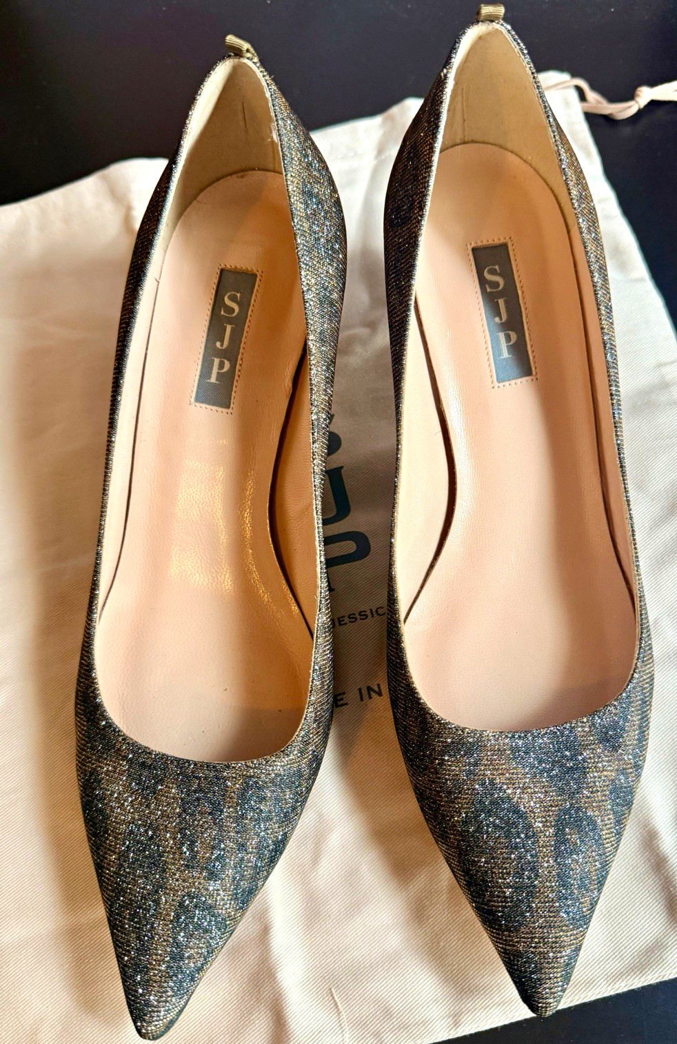 SJP by Sarah Jessica Parker Metallic Shimmer Leopard Pointed Toe Pumps Size 39.5