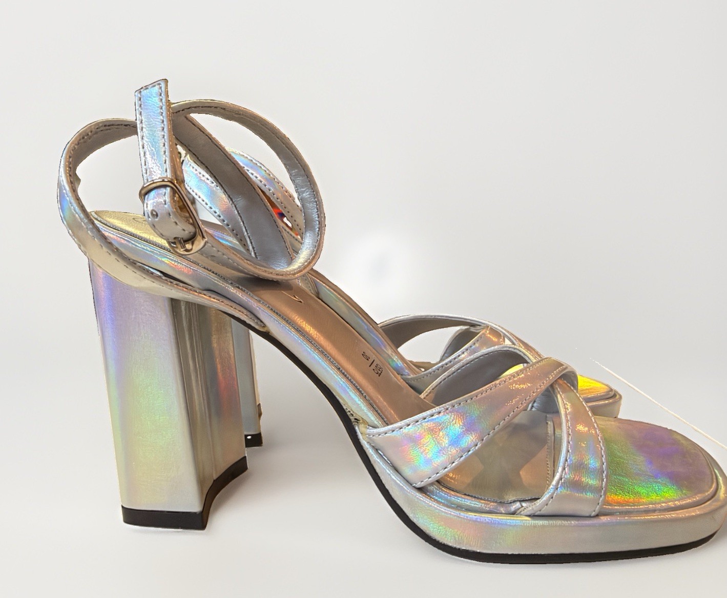 Womens Silver Holographic Platform Block Heel Ankle Strap Square Toe Sandals