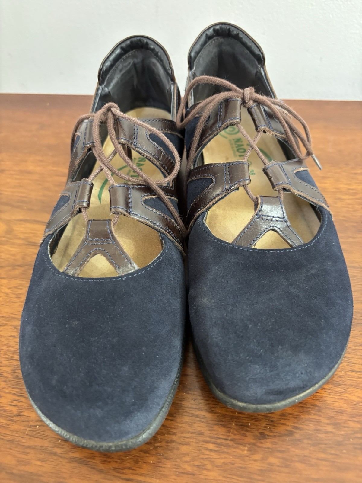 Naot Timu Lace Up Mary Jane Style Flats Navy Nubuck Leather Size 38 US 7 $189