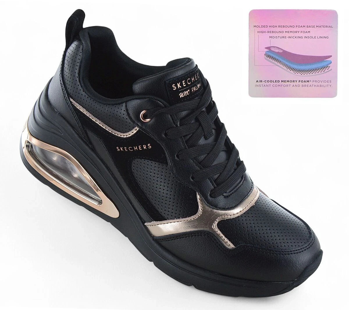 Black Women’s Skechers Wedge Fashion Sneaker Lace Cushion Air Memory Foam 177810