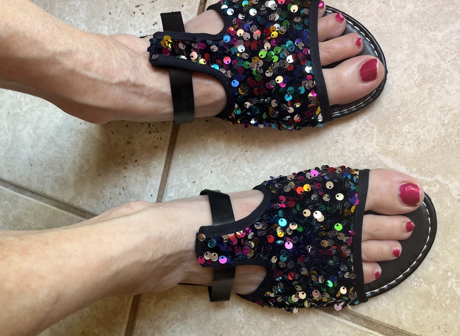 Womens Black/Multicolor Sequin Slide Sandals w/ Straps Slip-On Flat US 9