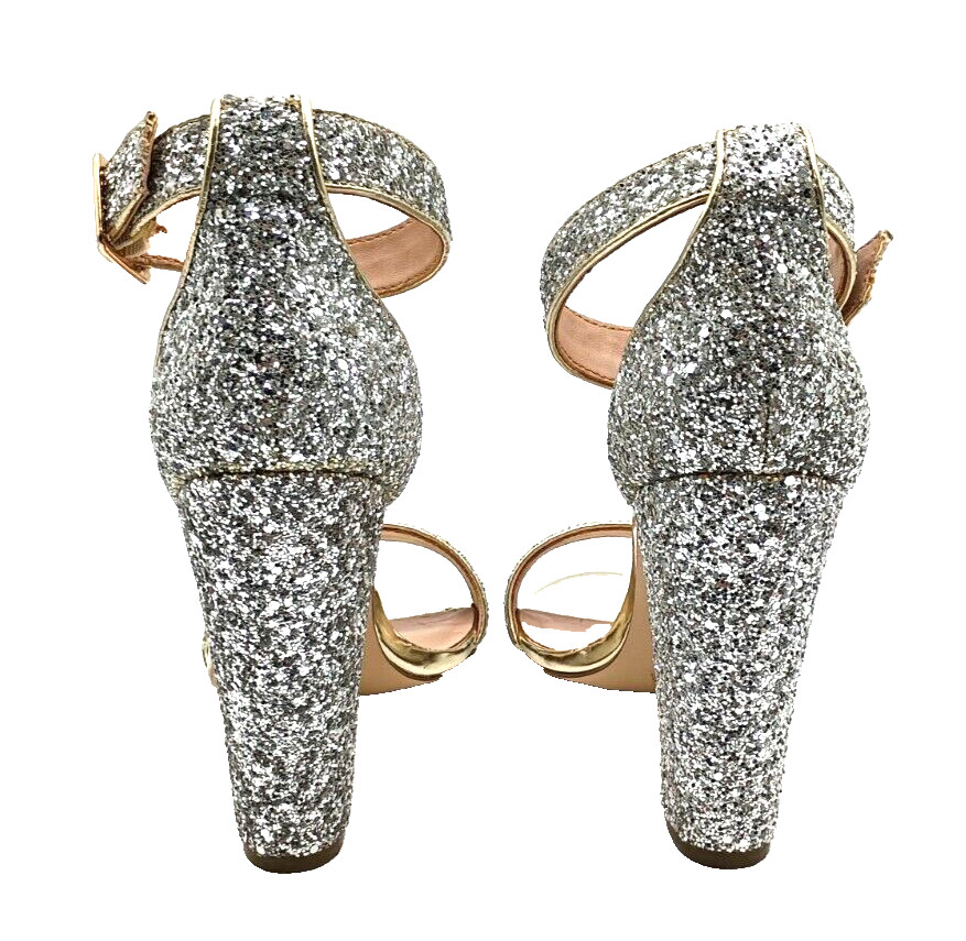 Mix No 6 heels Womens 9.5 Silver Glitter Varonika Block Heel Ankle Strap Party